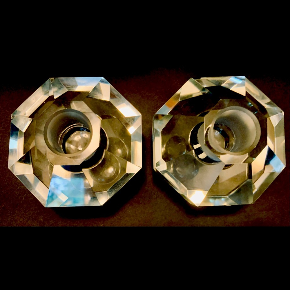 Set Vintage MCM Hand Cut Lead Crystal Diamond-Faceted Candle Stick Taper Holders